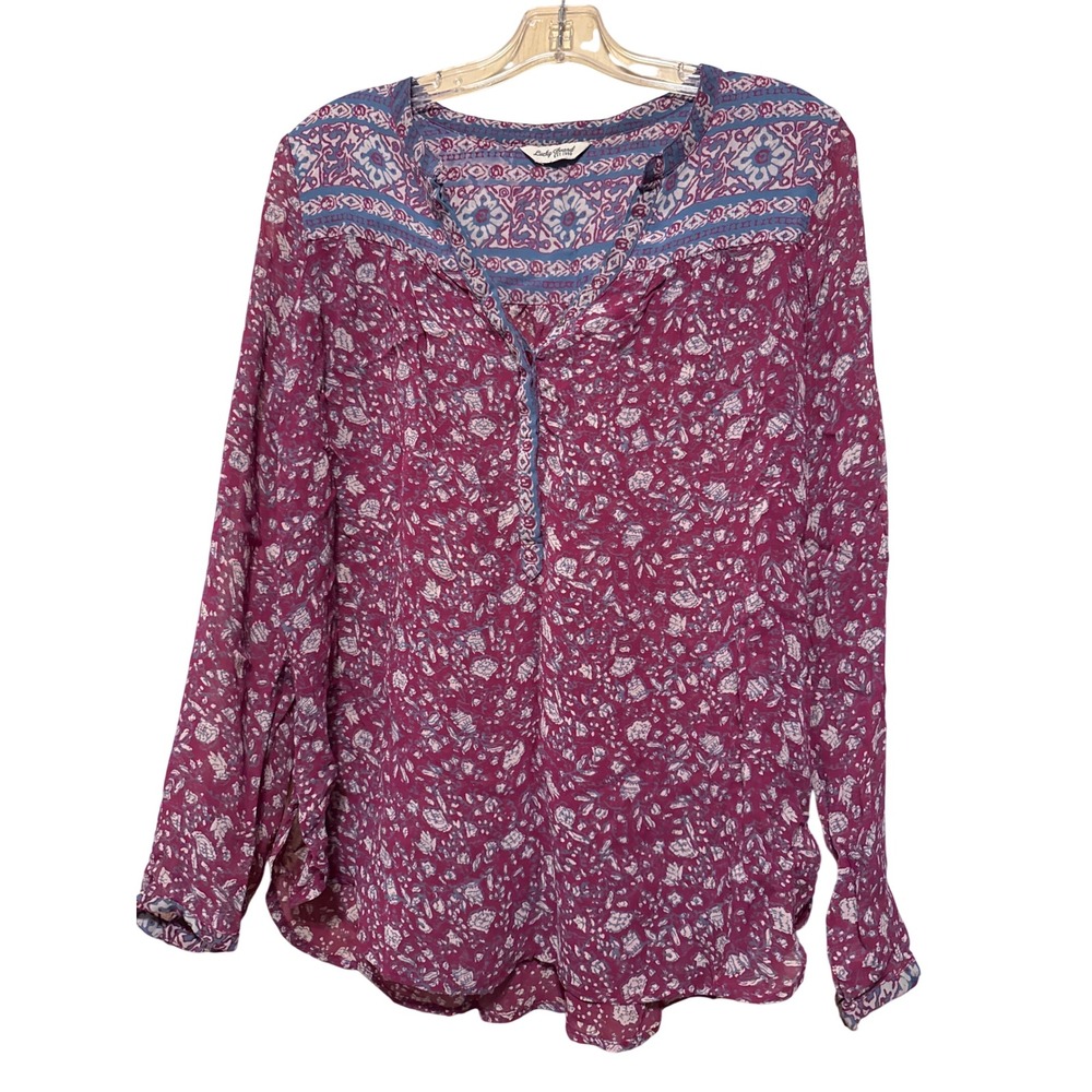 Lucky Brand Magenta Floral Split Neck Long Sleeve Peasant Blouse XL - Picture 2 of 4